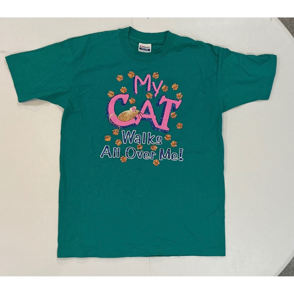VTG USA Made Single Stich 90s Cat Lady T-Shirt McBling Green Glitter Cat Lady L